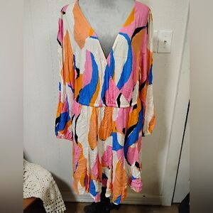 Ava Viv Abstract Mini Dress XXL Artsy Colorful Balloon Sleeve Office Party